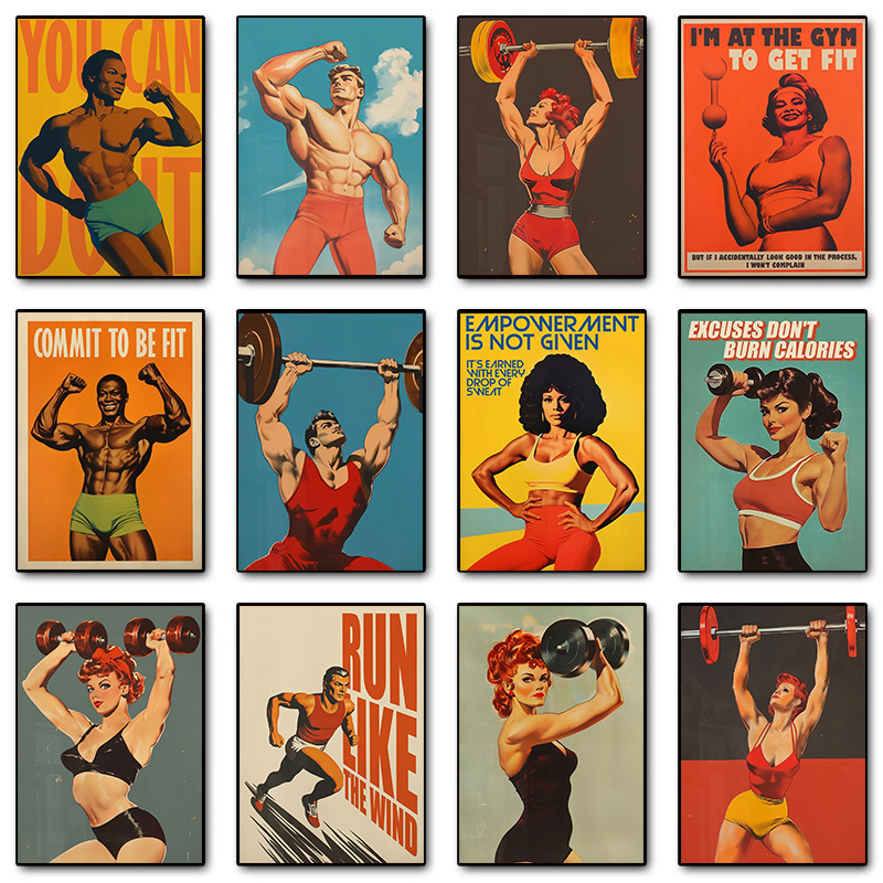 Home Gym Dumbbell Workout - ダンベル,トレーニングポスター,印刷された壁の芸術,キャンバスの絵画,部屋の装飾,ギフトを持つ筋肉の女性のためのレトロなジムのボディービル