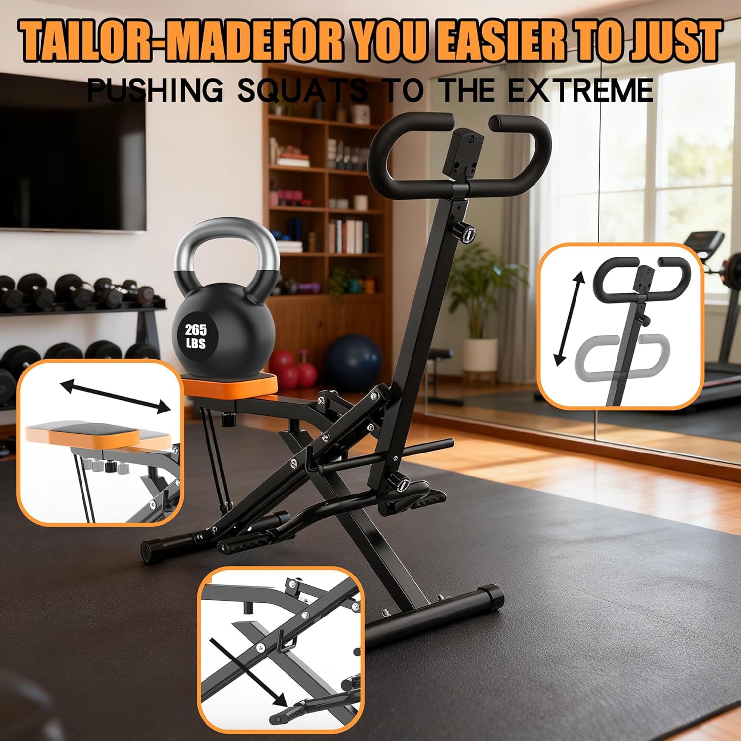 Home Gym Resistance - 家庭用スクワットマシン、ヒップトレーニング用アシストトレーナー、折りたたみ式、抵抗バンド付き、お尻、ヒップ、太もも、腹筋、背中、レッグプレス、ヒップスラスト、ホームジムフィットネス用-ブラック
