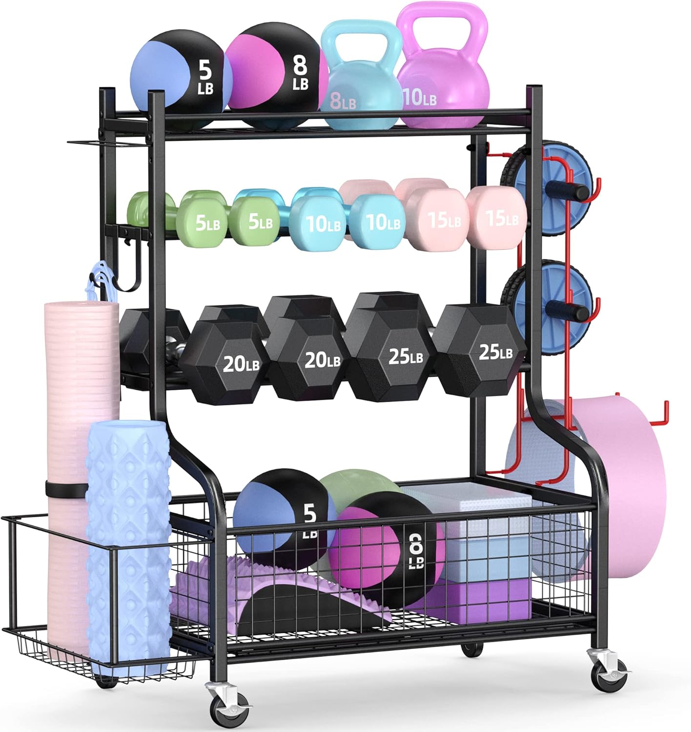 Home Gym Usa - ホームジムダンベルラック（ホイール付き）、頑丈なスチール製、オールインワン収納、フック＆バスケット付き