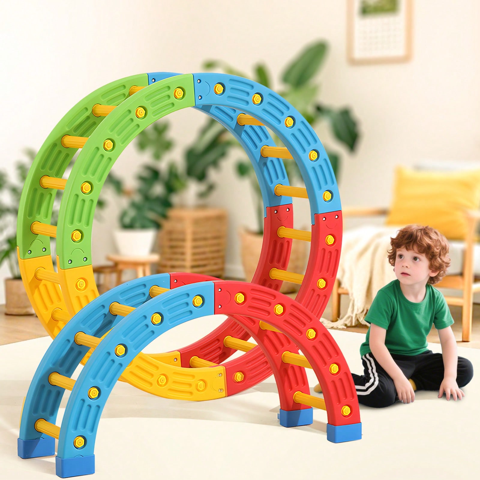 Home Gym For Kids - GCCSJ 2-in-1 折りたたみ式幼児用クライミングトイ – 室内バランス遊び用のS字型/丸型ロッキングリングに変形可能、3歳以上のお子様向け大型モンテッソーリアクティビティジム、家庭のプレイルームや保育園向け省スペース設備（2種類）