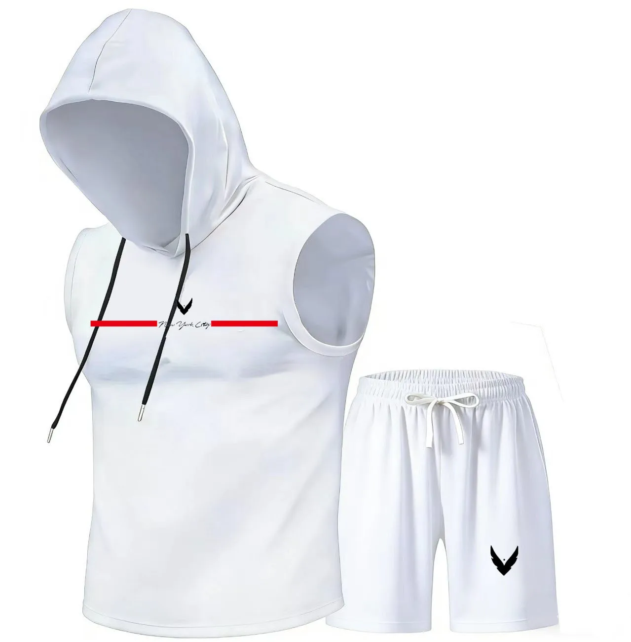 Home Gym Usa - メンズフード付きベストセットノースリーブフード付きTシャツベストとショートパンツセット夏のスポーツジムトレーニングアウトドアスポーツとレジャー