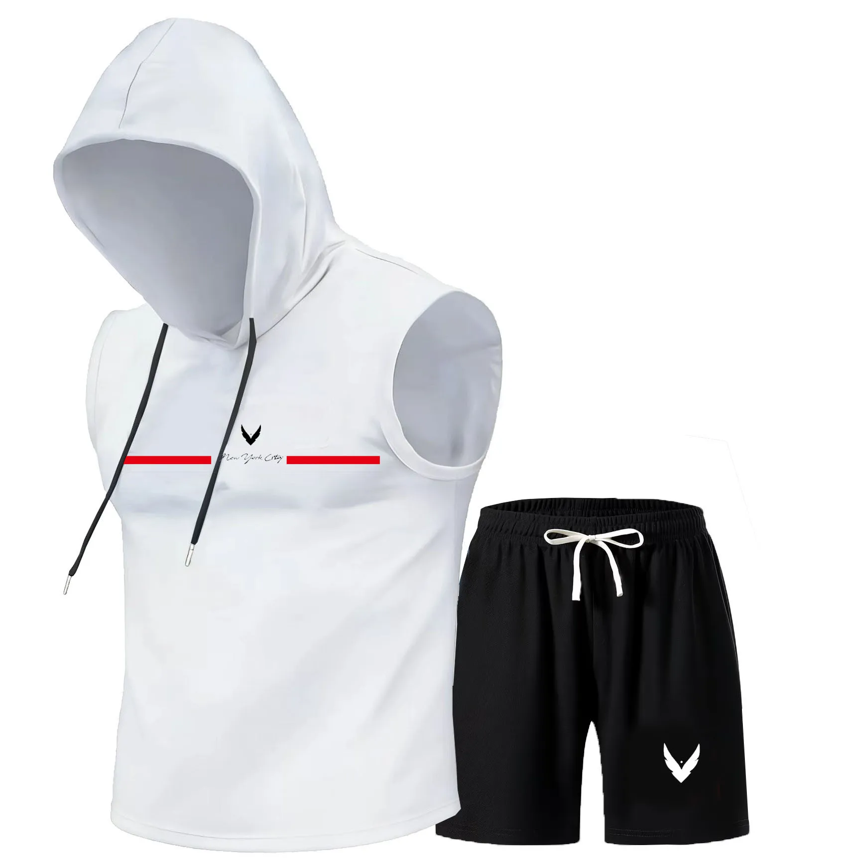 メンズフード付きベストセットノースリーブフード付きTシャツベ - Home Gym Usa のレビューと価格