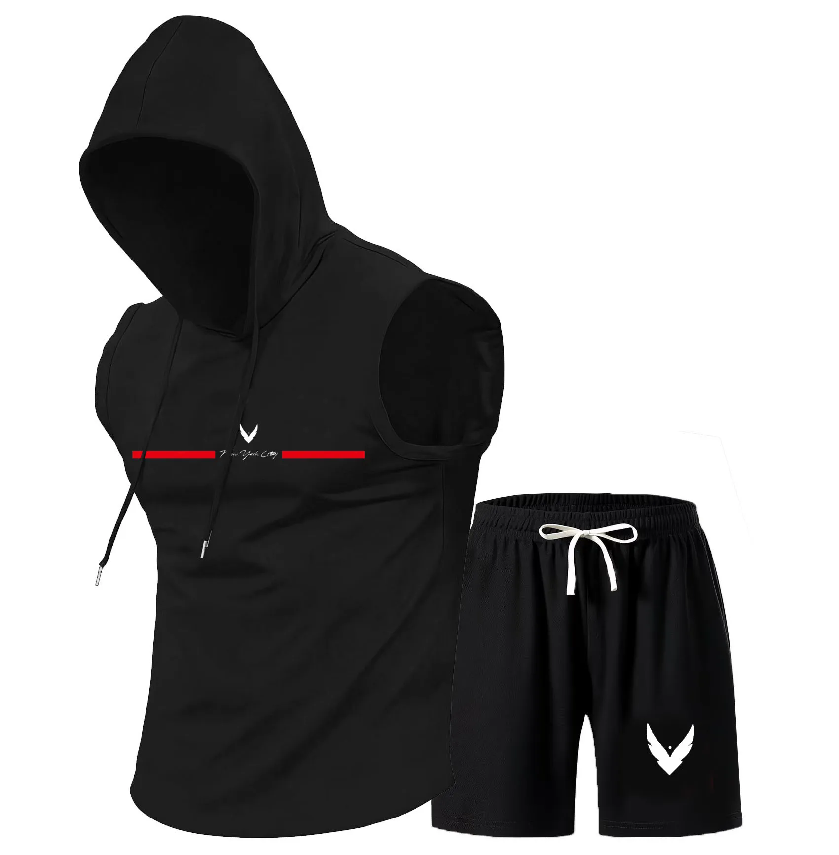 メンズフード付きベストセットノースリーブフード付きTシャツベ - Home Gym Usa のレビューと価格