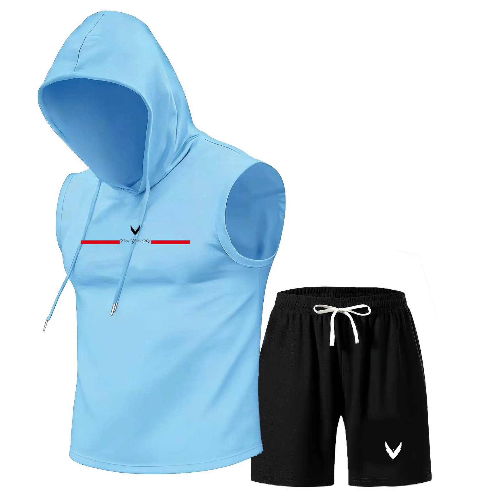 メンズフード付きベストセットノースリーブフード付きTシャツベ - Home Gym Usa のレビューと価格